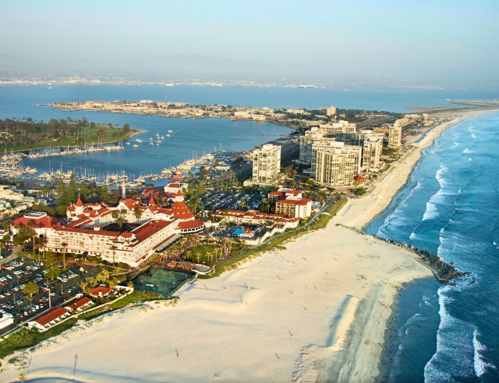 Coronado Beach aerial — Hotel del Coronado and pristine white sand